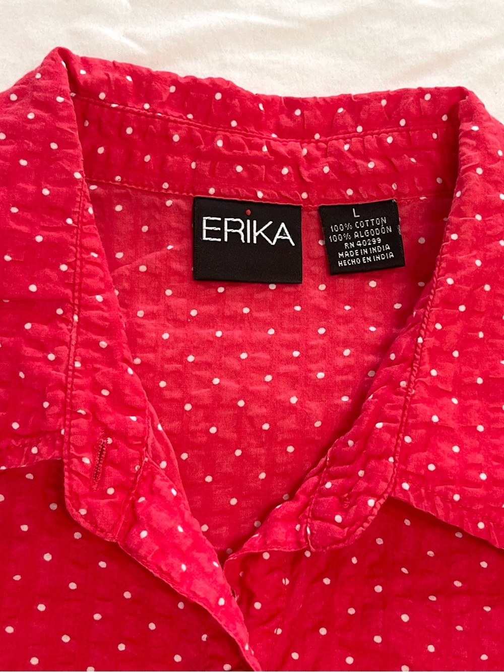 Retro Polkadot Button-Up Sleeveless Top by ERIKA Women’s Large Red White Collar - Picture 2 of 3